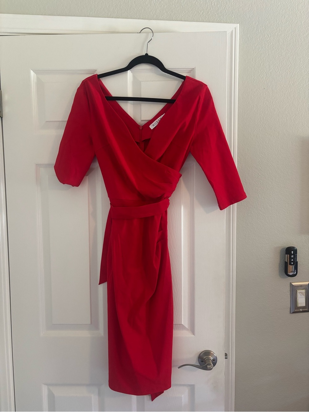 Women's Red Wrap Midi Dress with Tie Waist